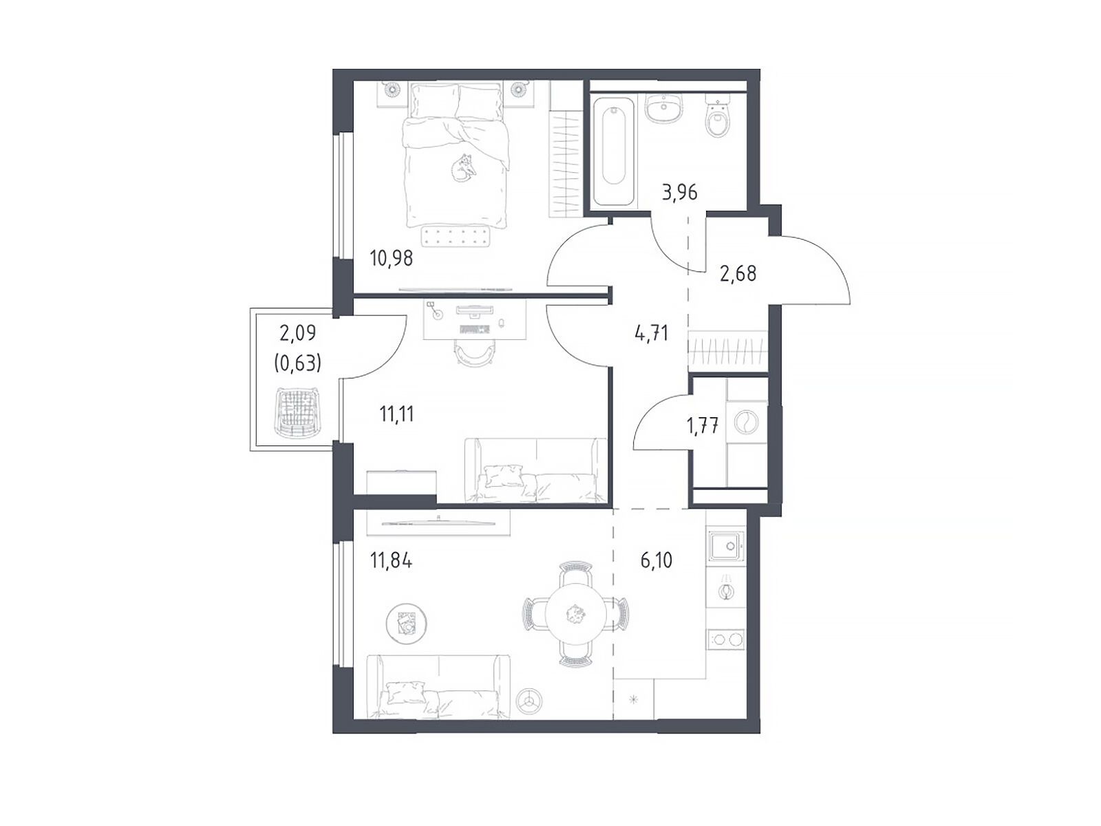Планировка: 2-комн. квартира 53.78 м² в новостройке Горки Парк