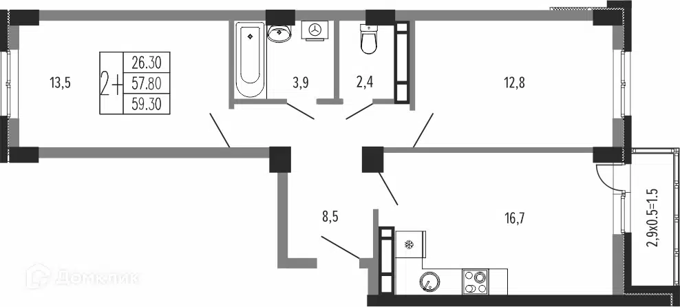 Планировка: 2-комн. квартира 60.85 м² в новостройке Екатерининский парк
