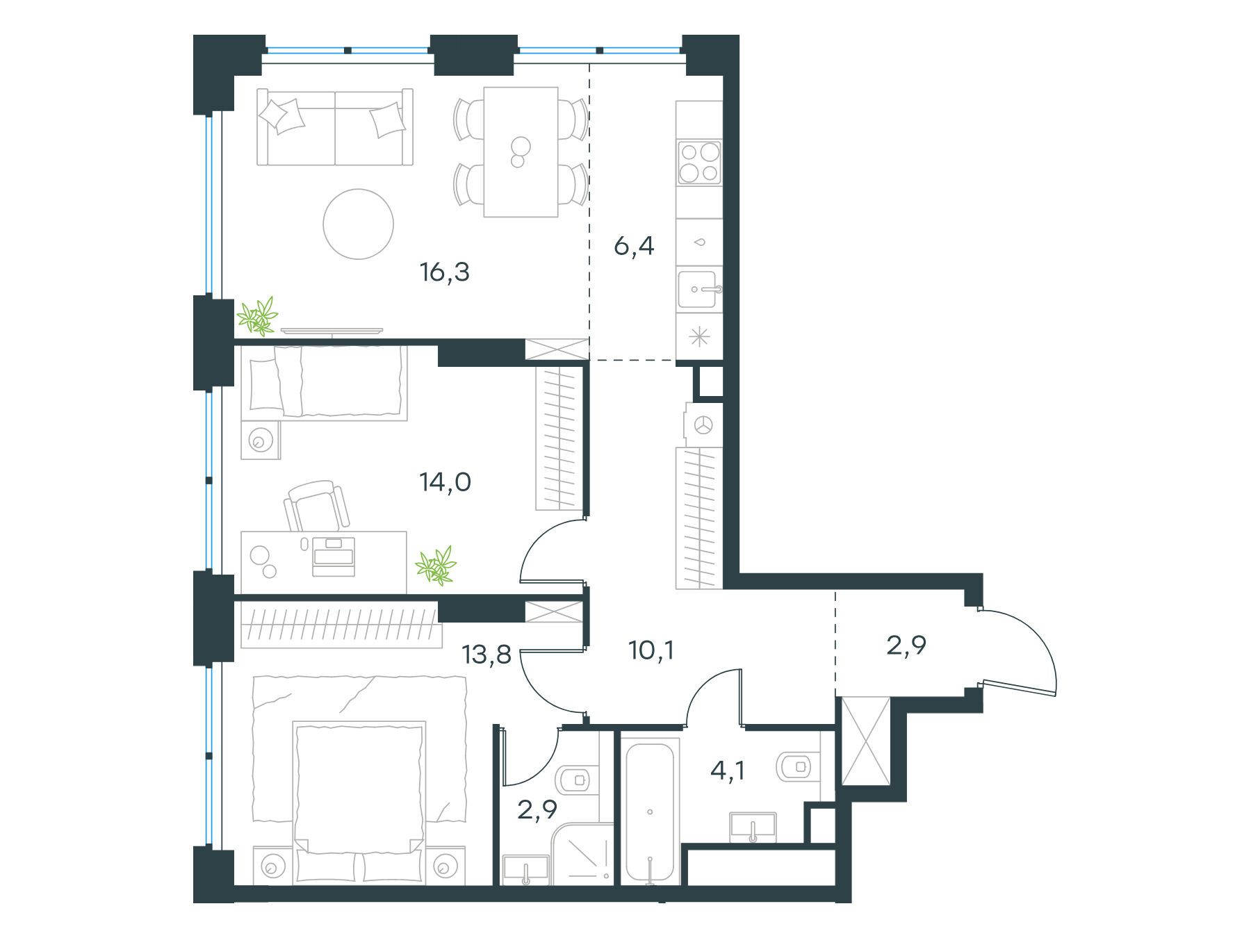 Планировка: 3-комн. квартира 70.50 м² в новостройке Левел Звенигородская