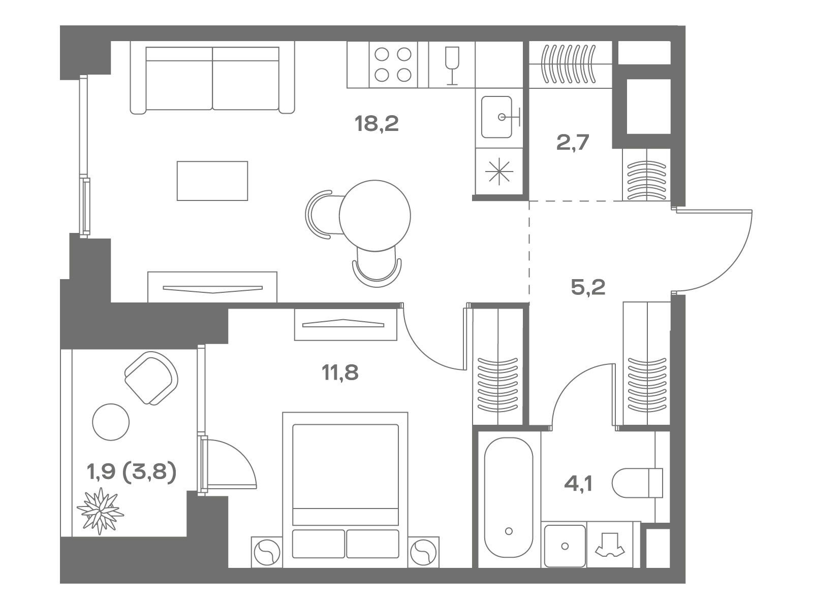 Планировка: 1-комн. квартира 43.90 м² в новостройке Соул