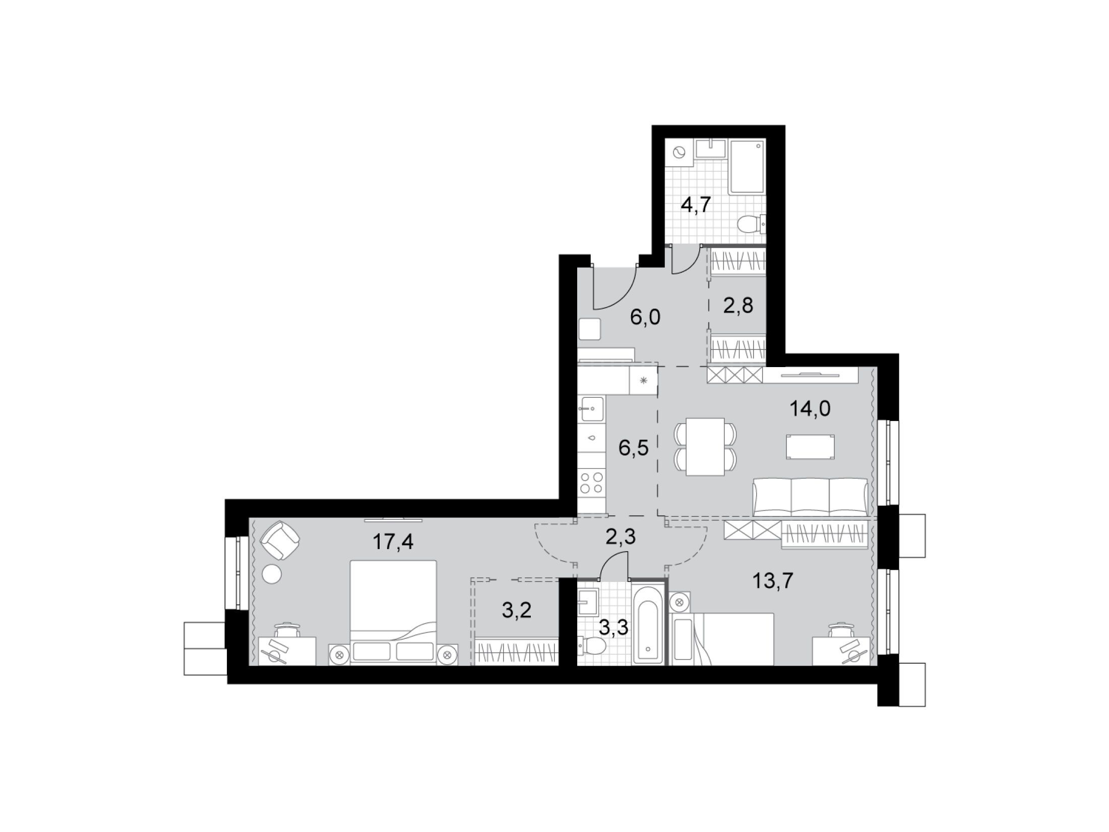 Планировка: 3-комн. квартира 73.90 м² в новостройке ЖК Дубровицы клаб