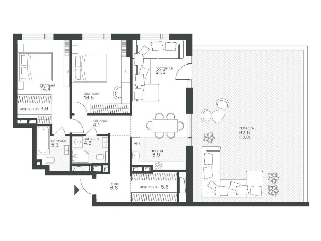Планировка: 3-комн. квартира 64.38 м² в новостройке Крылатская 33