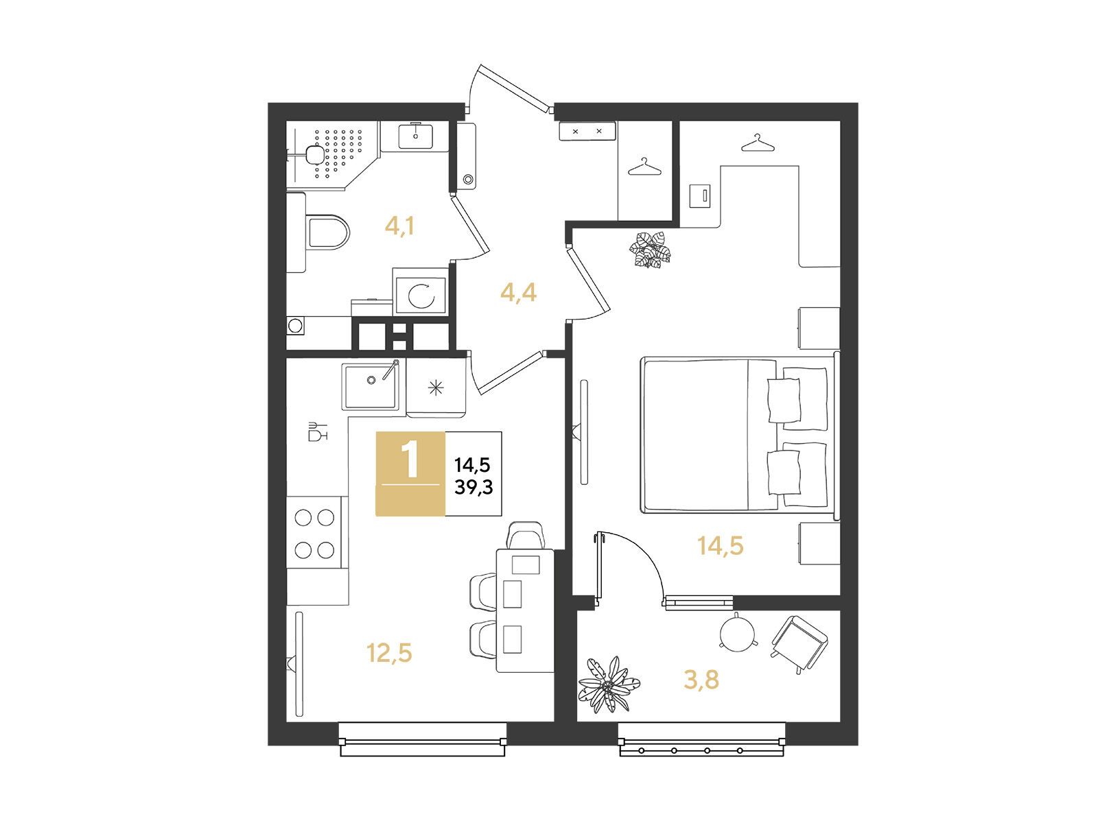 Планировка: 1-комн. квартира 39.30 м² в новостройке Ридз