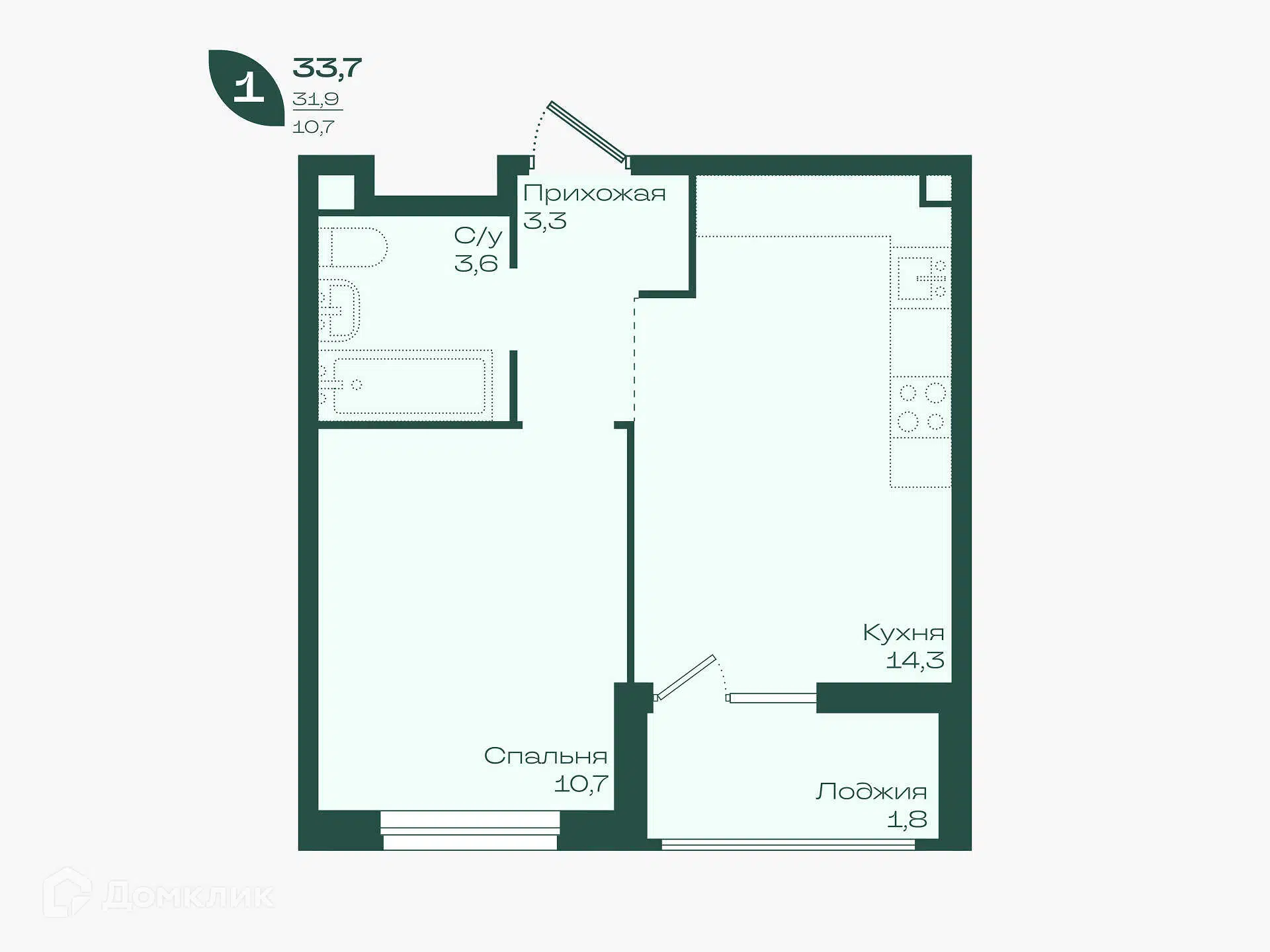 Планировка: 1-комн. квартира 33.70 м² в новостройке Ботаника