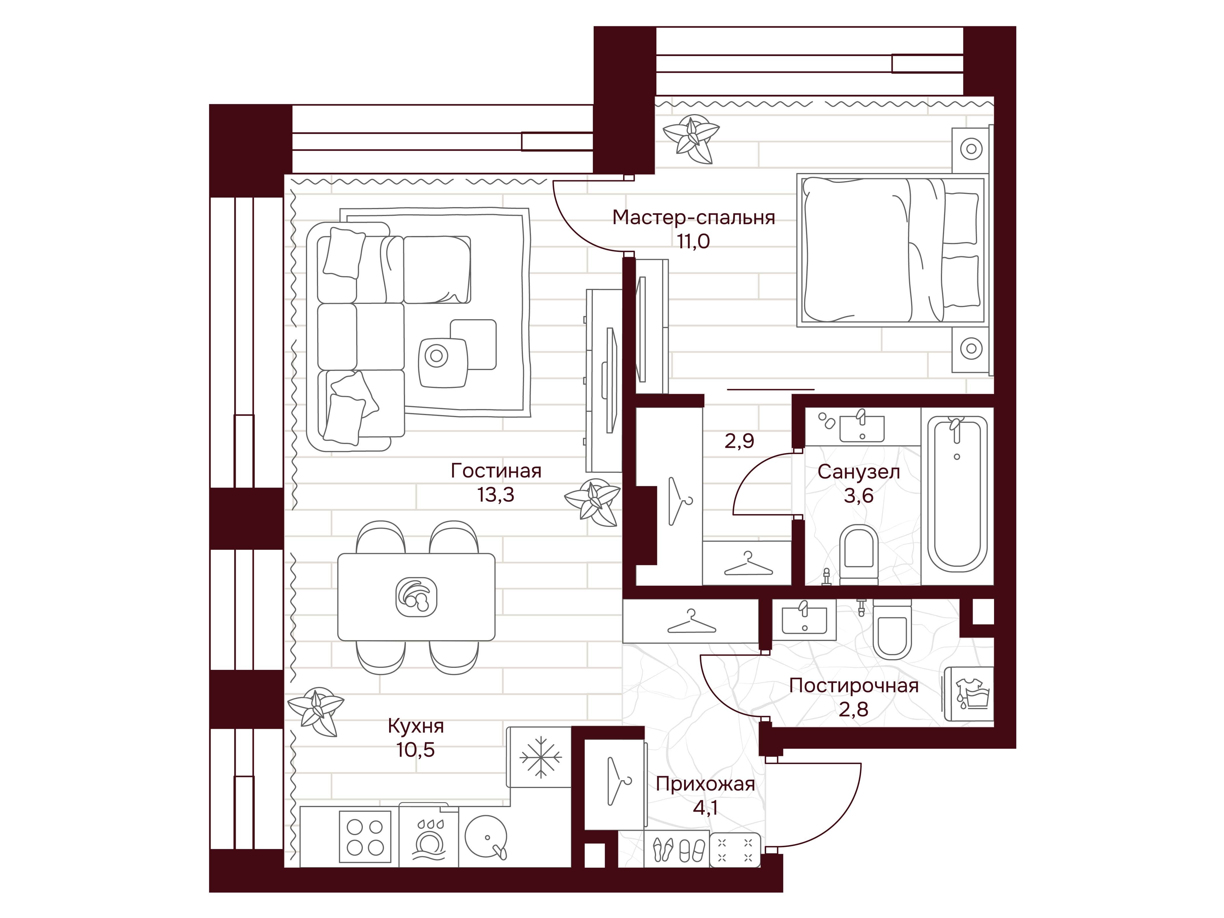 Планировка: 1-комн. квартира 48.20 м² в новостройке ЖК Дом 7 Даниловский