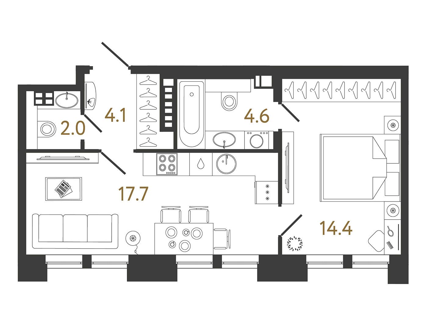 Планировка: 1-комн. квартира 42.80 м² в новостройке Коллекционер