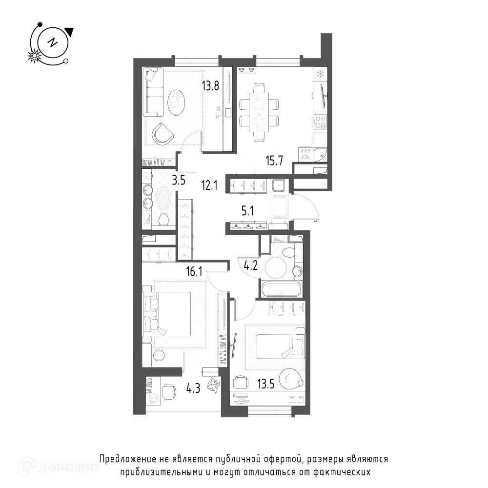 Планировка: 3-комн. квартира 86.60 м² в новостройке Зеленая Река