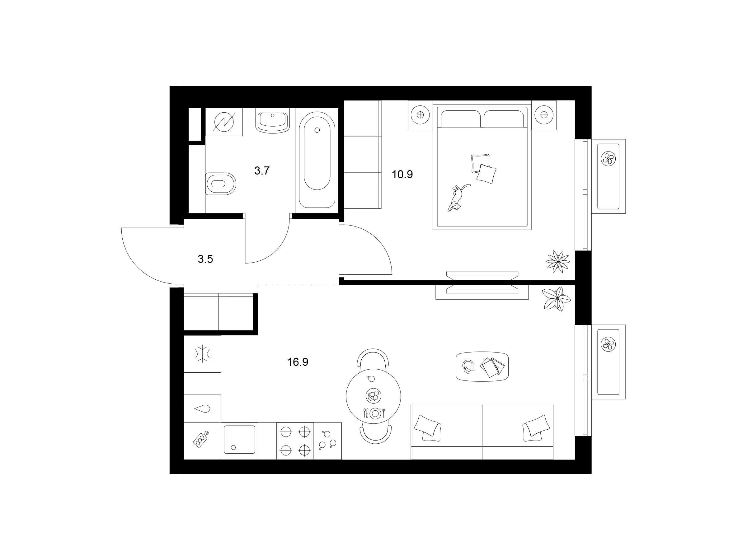 Планировка: 1-комн. квартира 35.00 м² в новостройке ЖК Ярославский