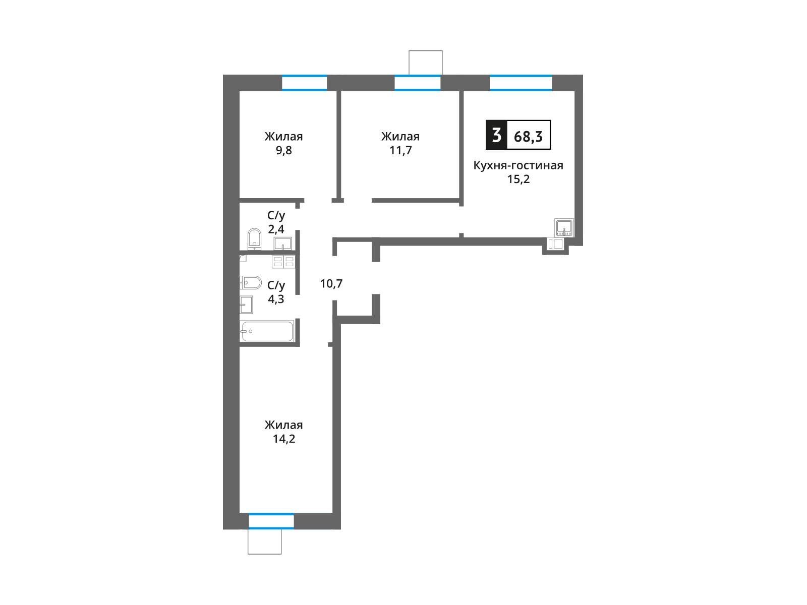 Планировка: 3-комн. квартира 68.30 м² в новостройке ЖК Лесная Отрада