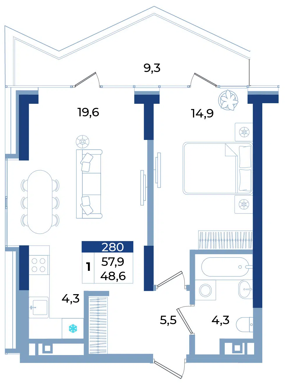 Планировка: 1-комн. квартира 57.90 м² в новостройке Комплекс апартаментов Эфириум