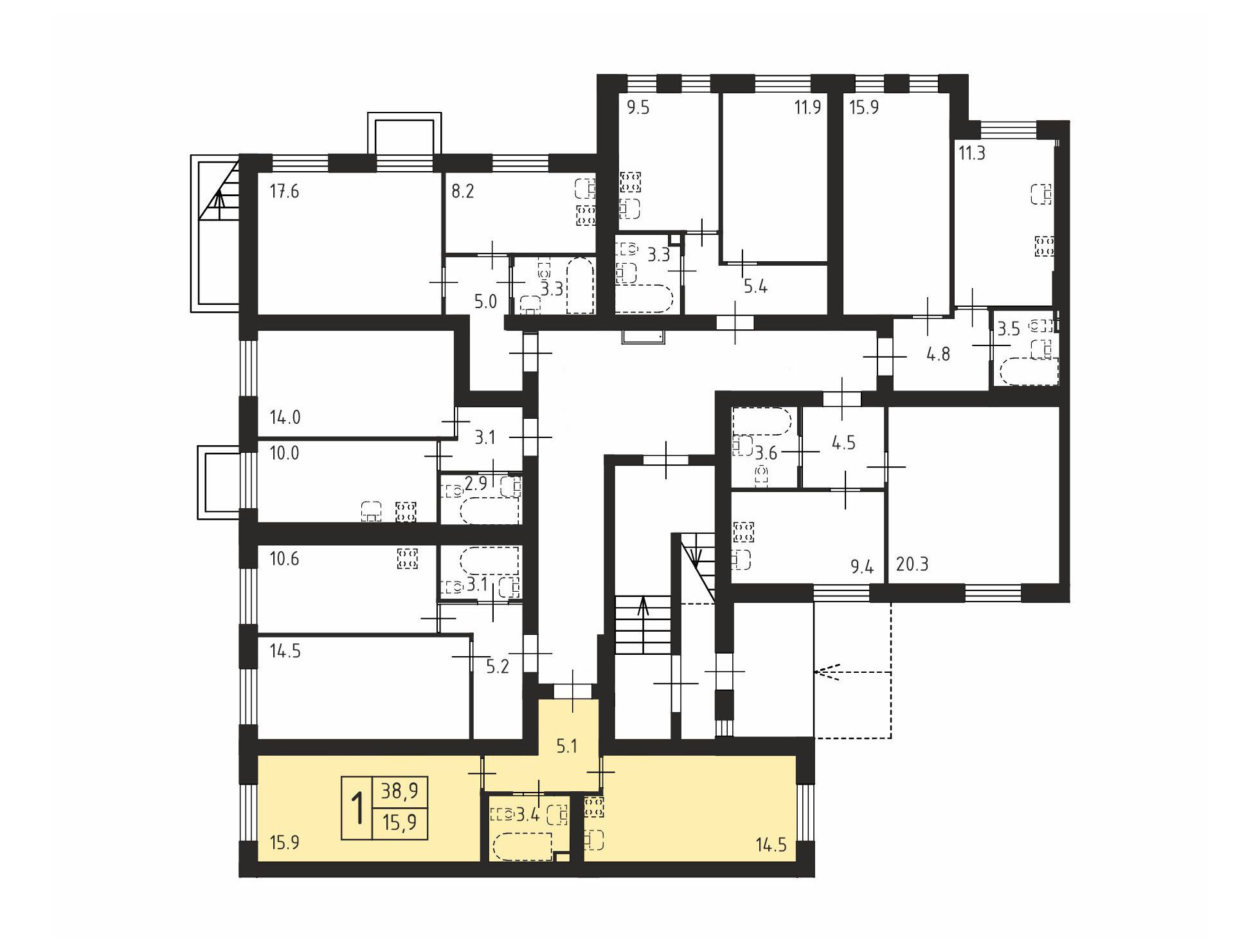 Планировка: 1-комн. квартира 38.90 м² в новостройке Щегловская усадьба