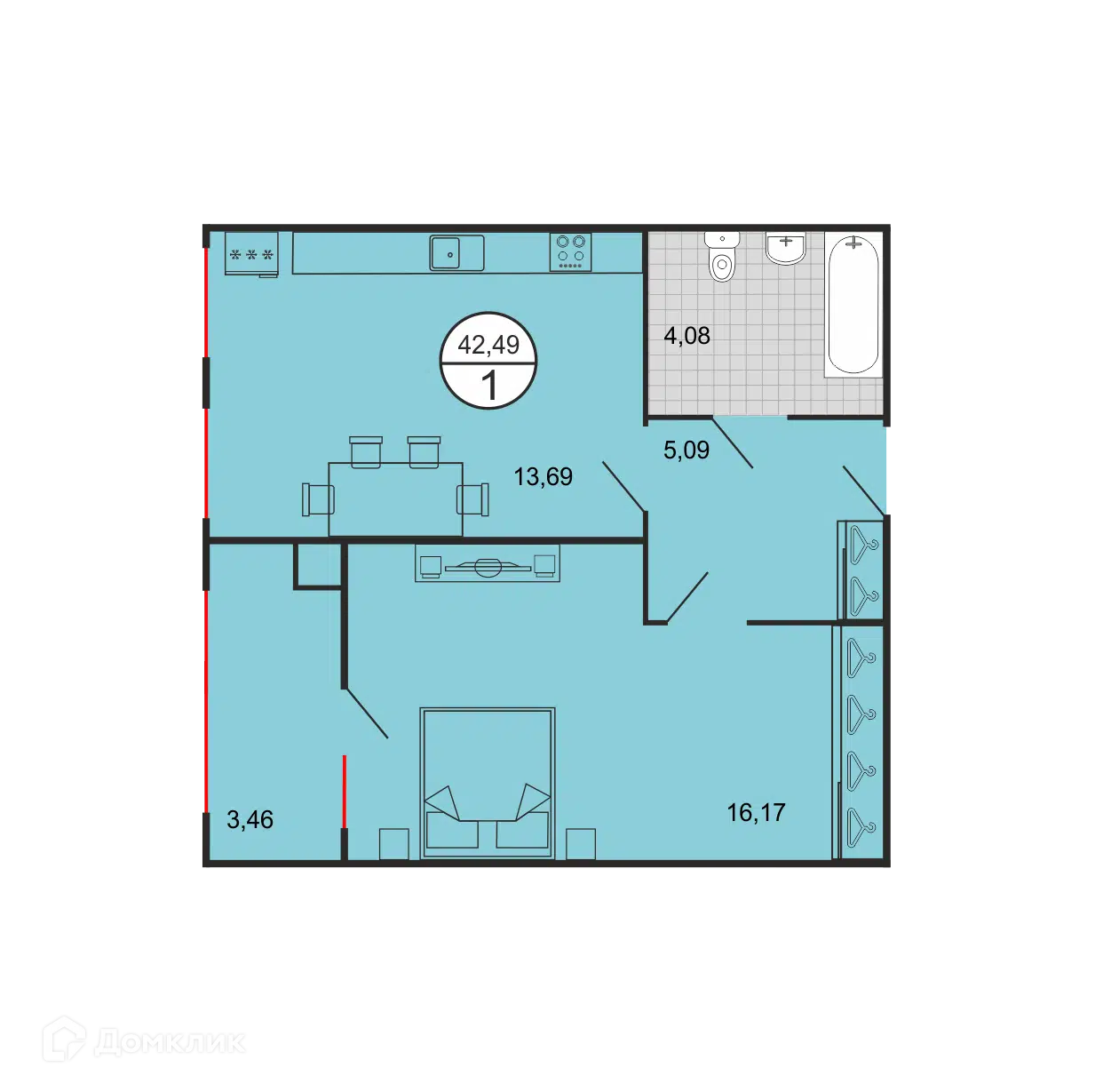 Планировка: 1-комн. квартира 42.49 м² в новостройке Дыхание