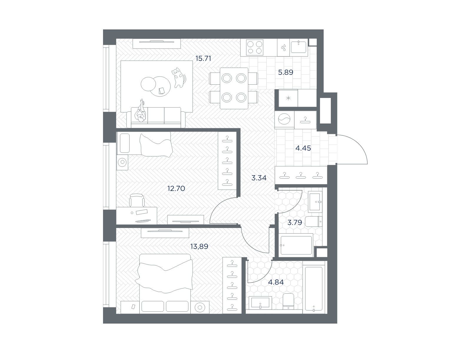 Планировка: 2-комн. квартира 64.61 м² в новостройке Тейт