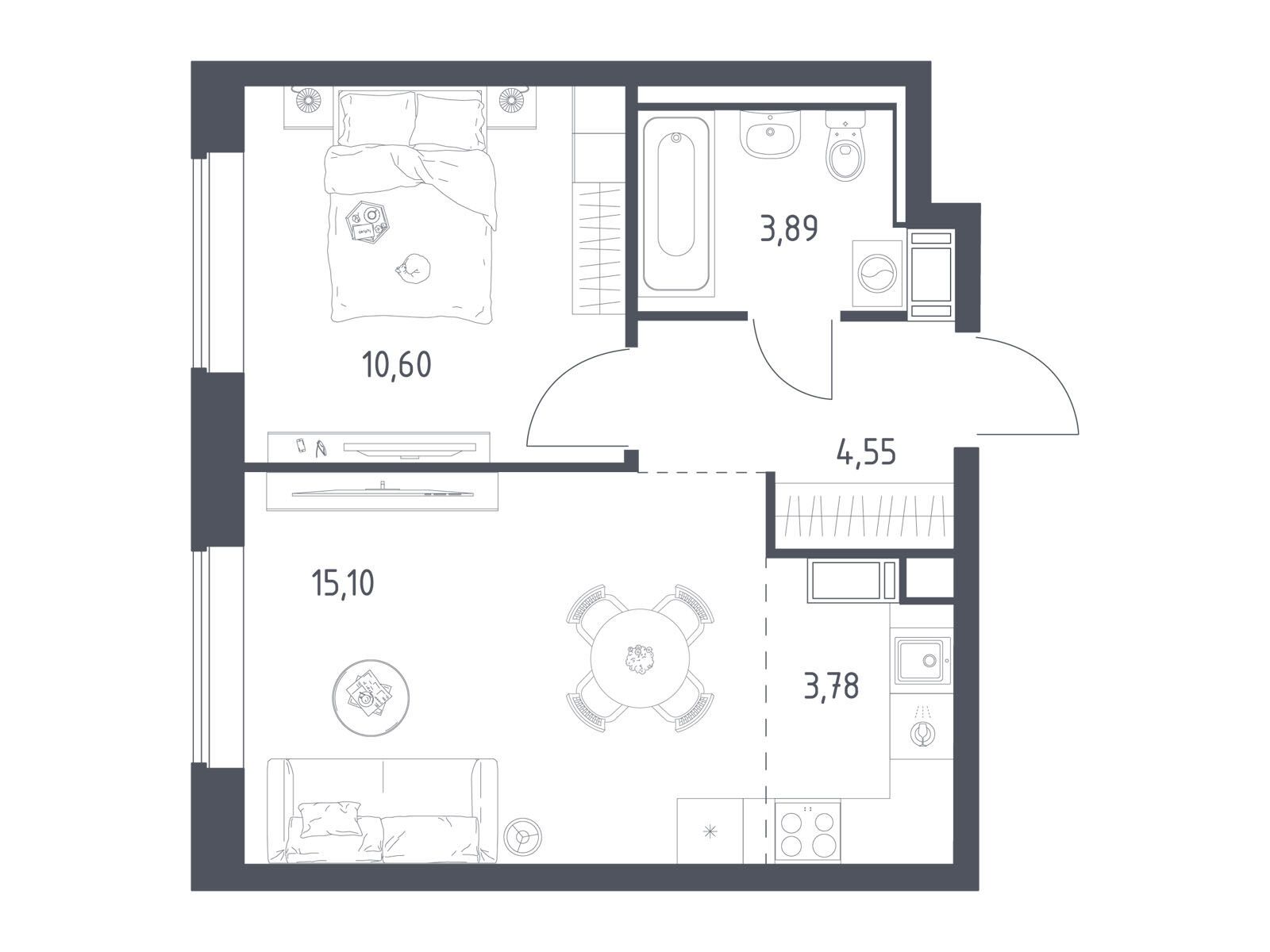 Планировка: 1-комн. квартира 37.60 м² в новостройке Томилино Парк