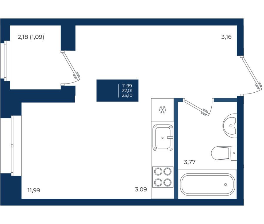 Планировка: Студия 23.10 м² в новостройке Новатория