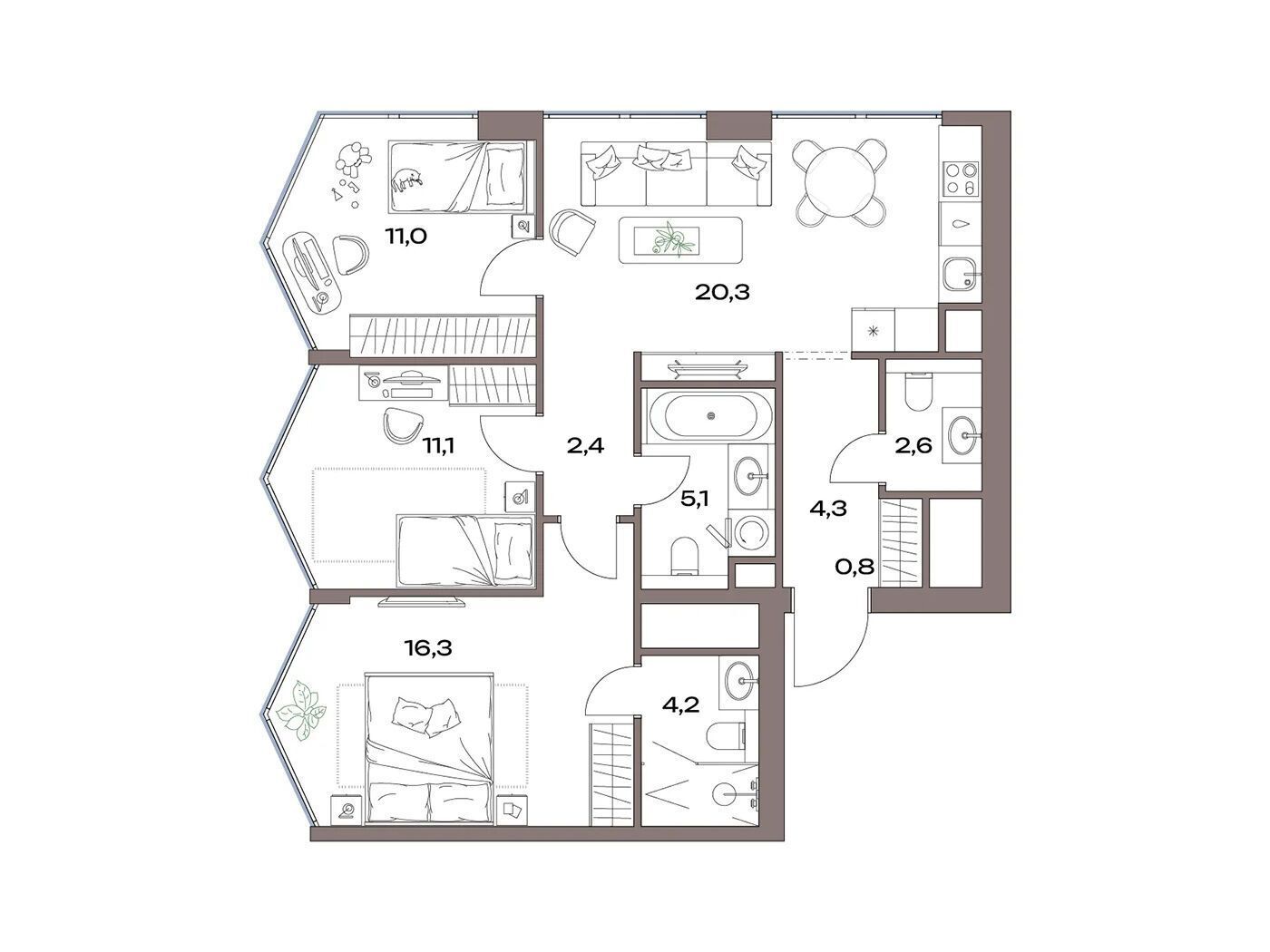Планировка: 3-комн. квартира 80.40 м² в новостройке Акценты