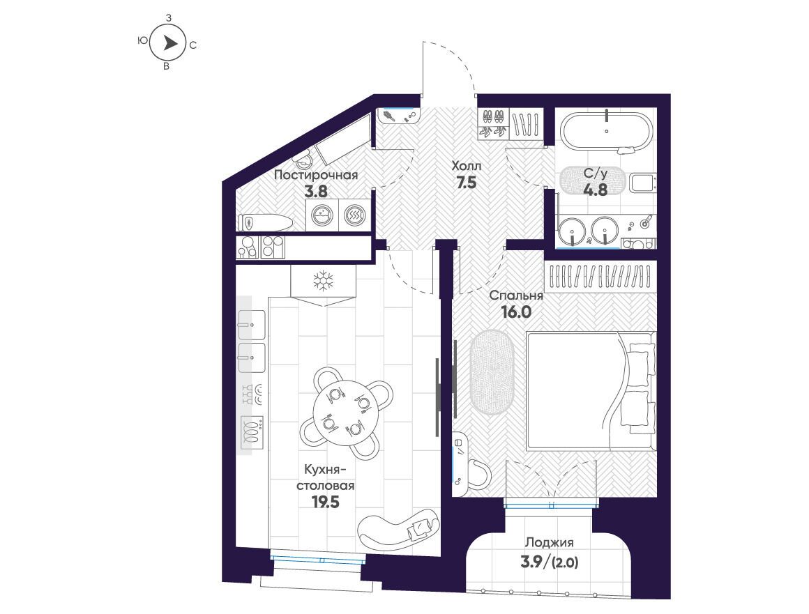 Планировка: 1-комн. квартира 53.60 м² в новостройке Мариинка Делюкс