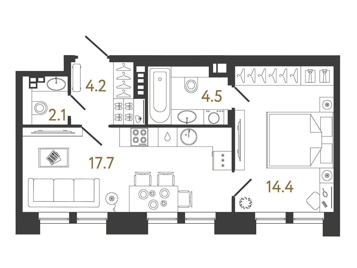 Планировка: 1-комн. квартира 42.90 м² в новостройке Коллекционер