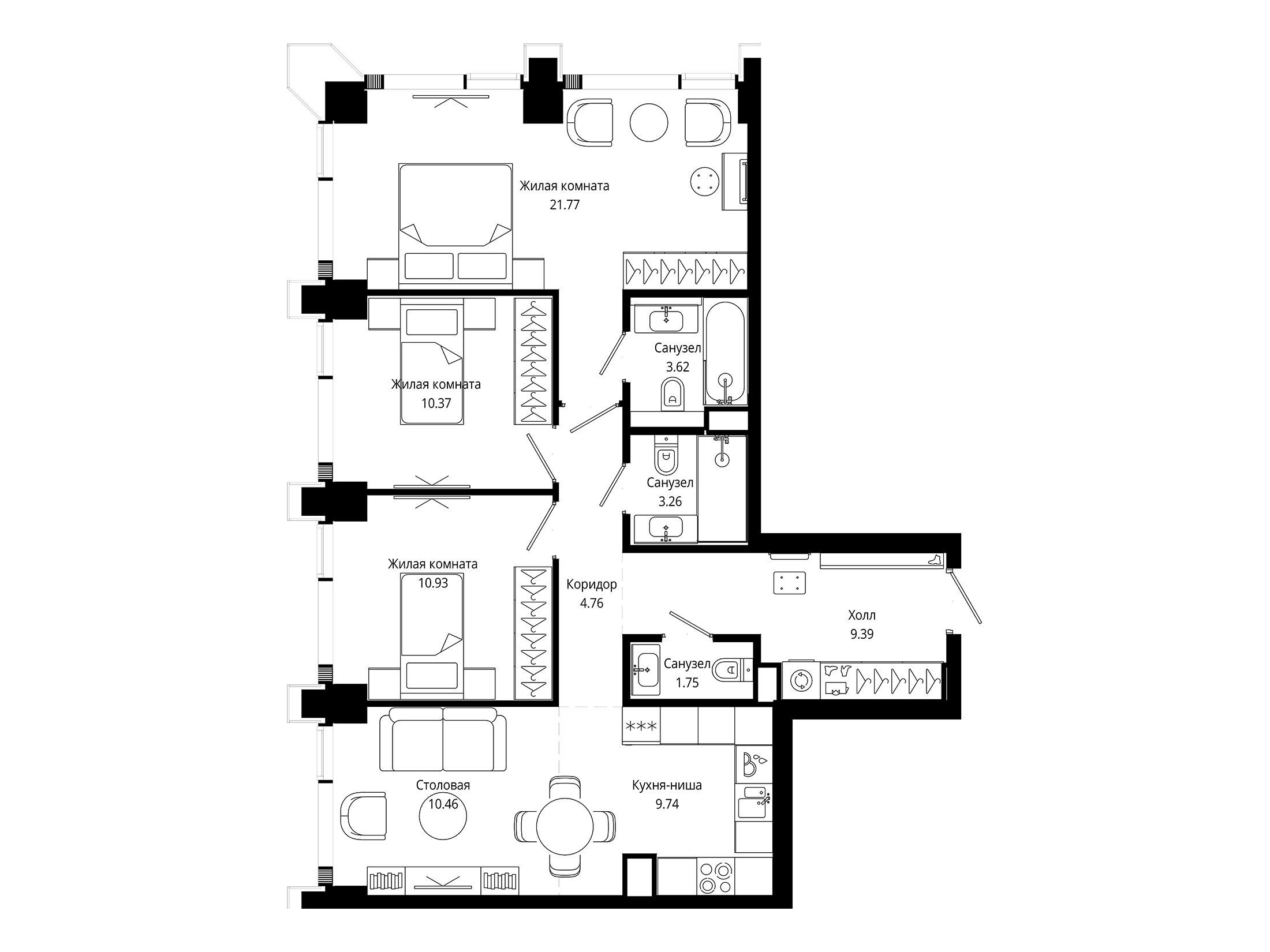 Планировка: 3-комн. квартира 85.90 м² в новостройке Мод