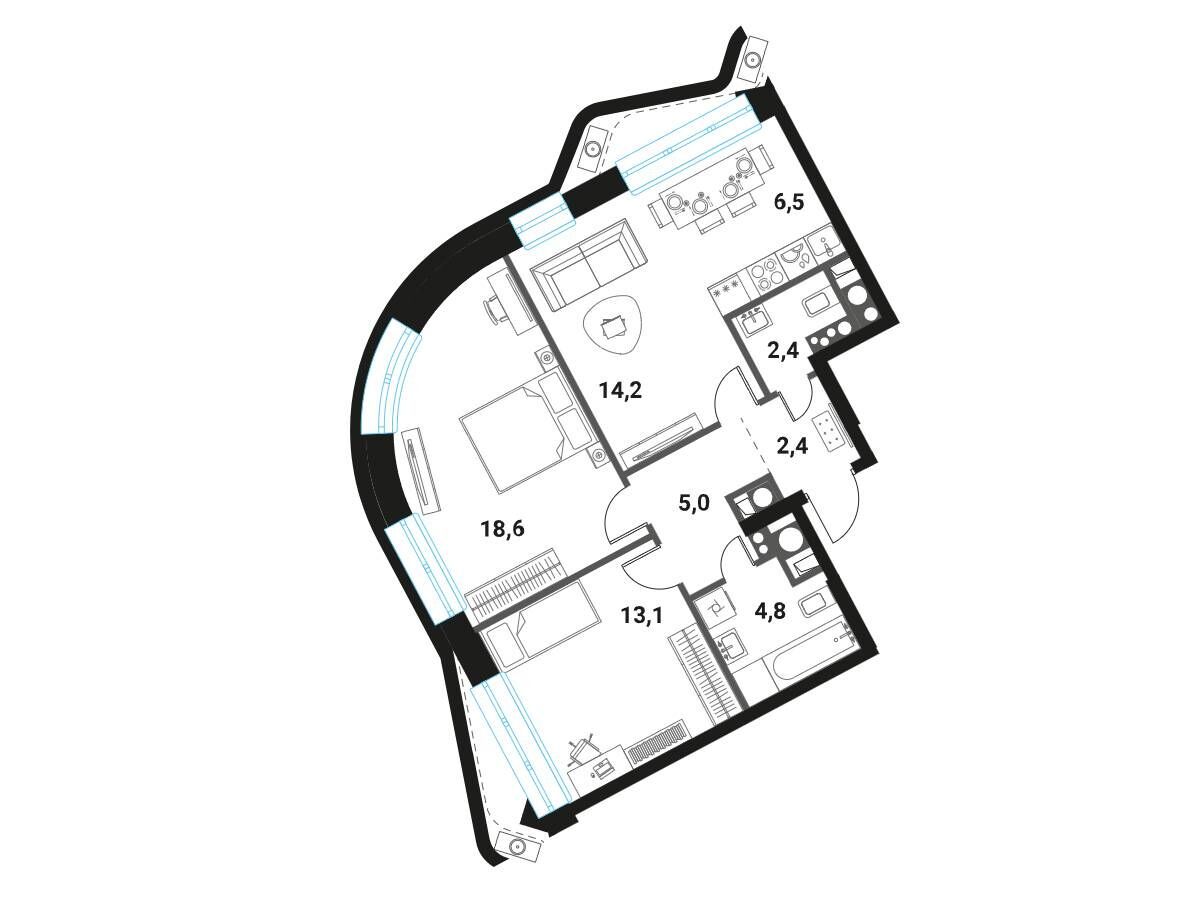 Планировка: 3-комн. квартира 67.00 м² в новостройке Интеллигент