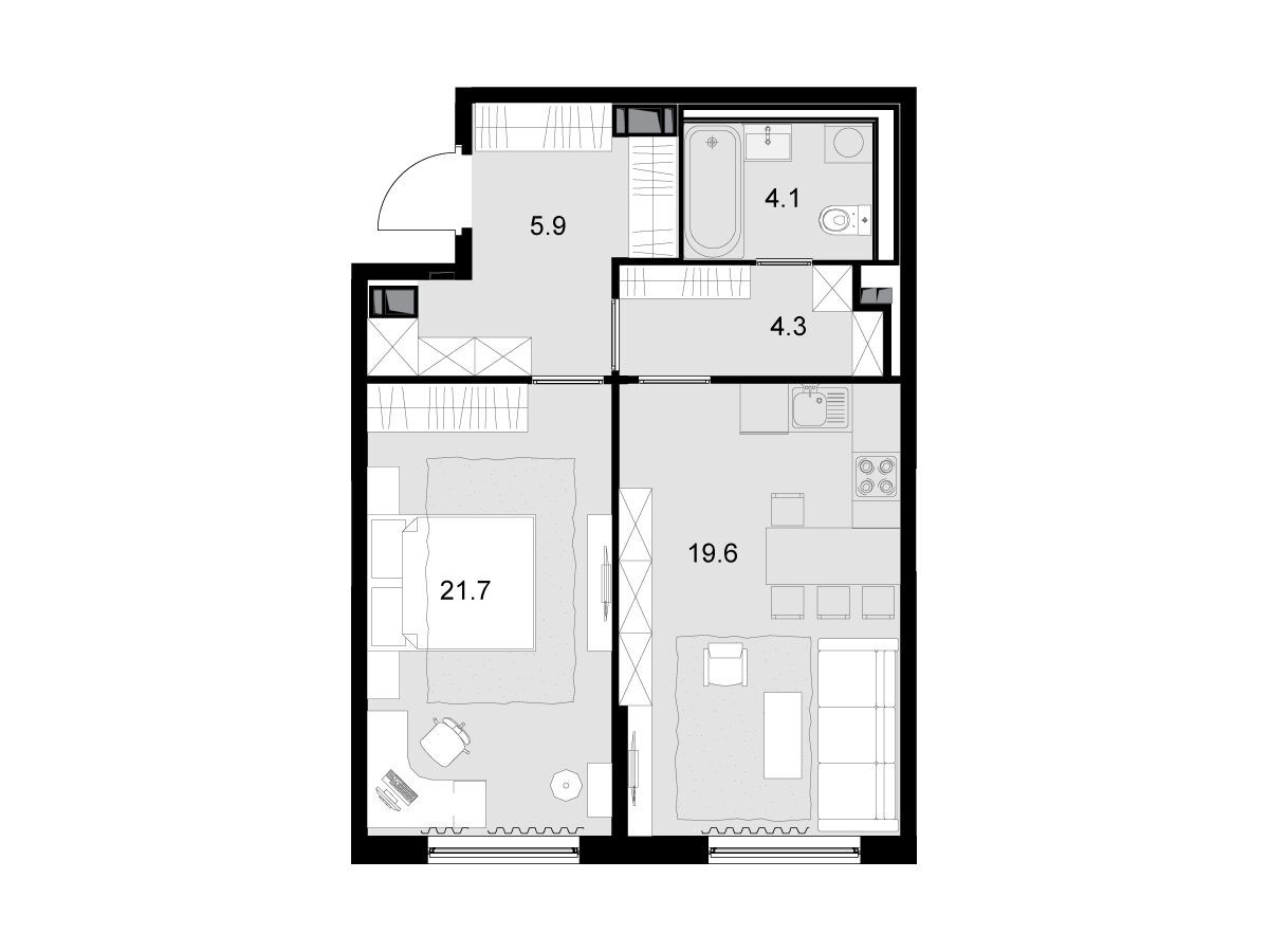 Планировка: 1-комн. квартира 55.30 м² в новостройке Малевич