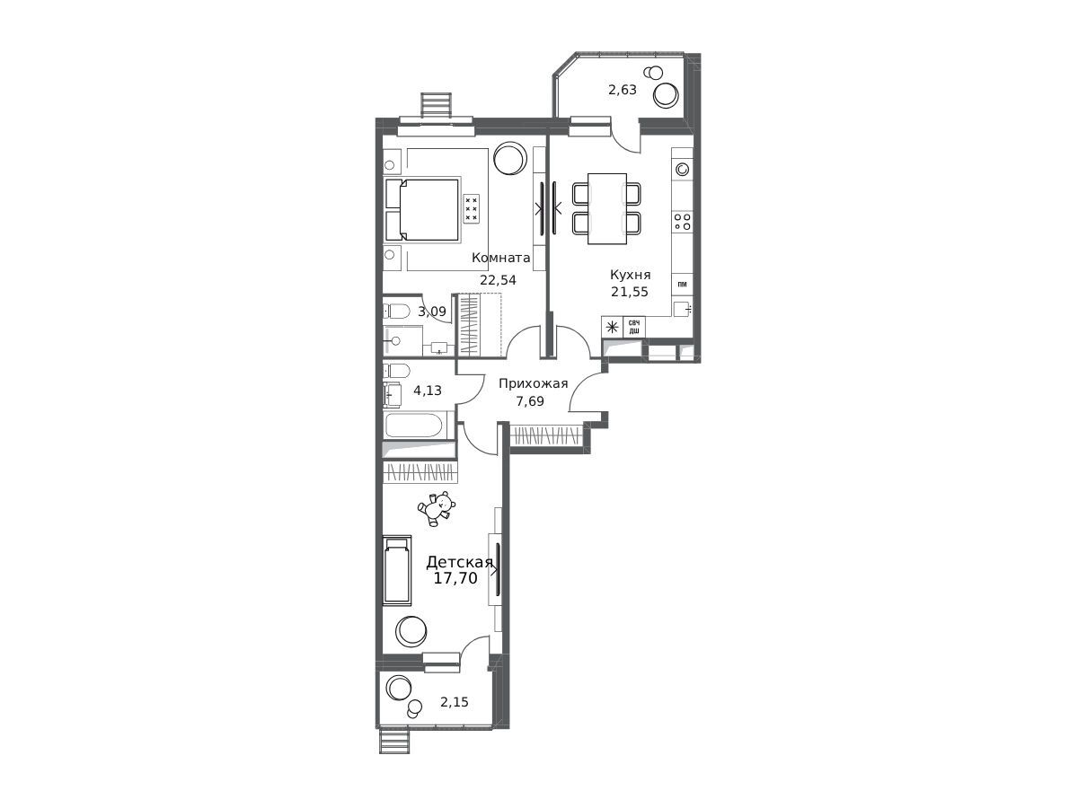Планировка: 2-комн. квартира 83.10 м² в новостройке Одинбург