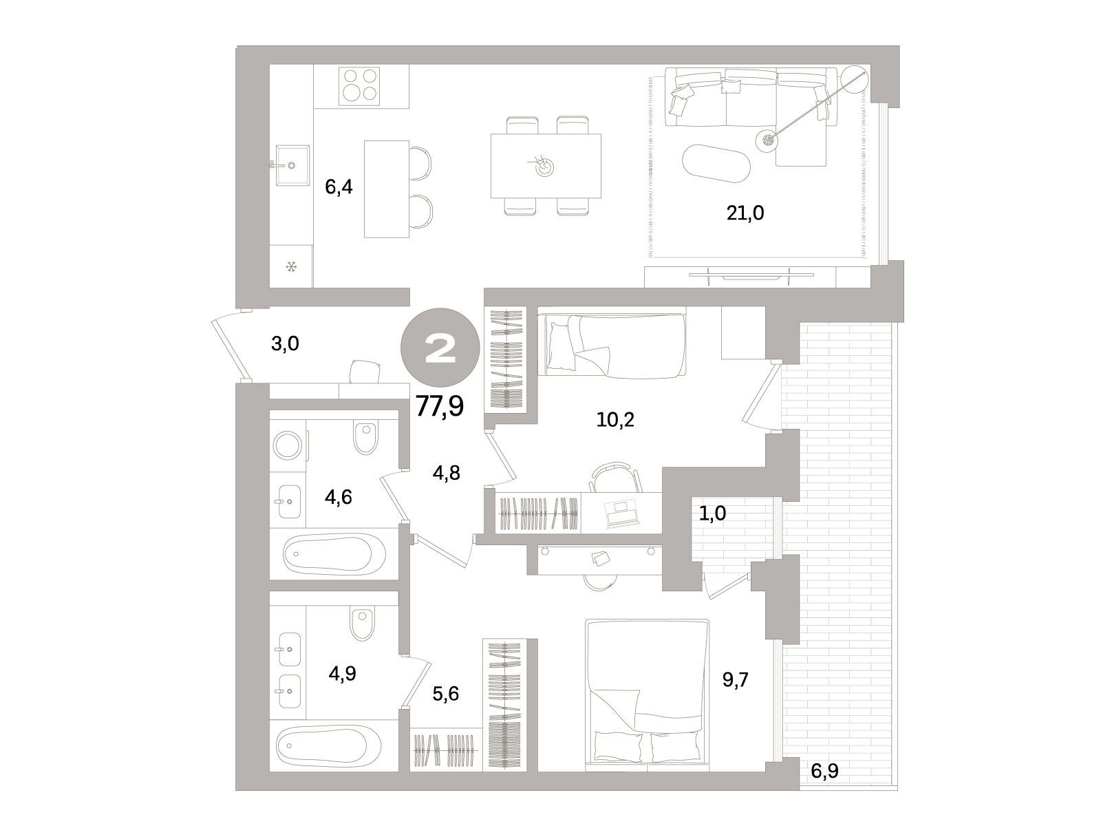 Планировка: 2-комн. квартира 77.90 м² в новостройке Северный ветер