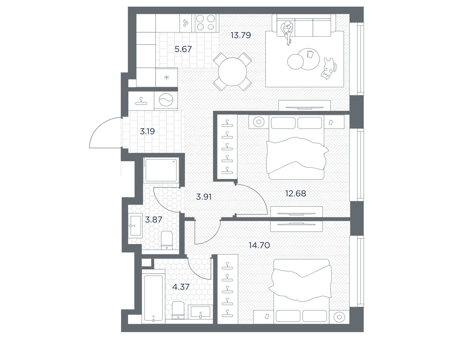 Планировка: 2-комн. квартира 62.18 м² в новостройке Тейт