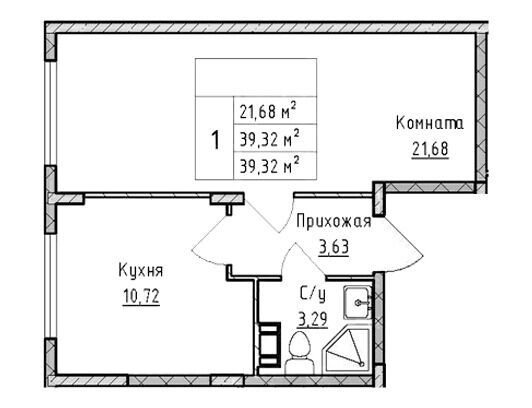 Планировка: 1-комн. квартира 39.32 м² в новостройке Верево-Сити