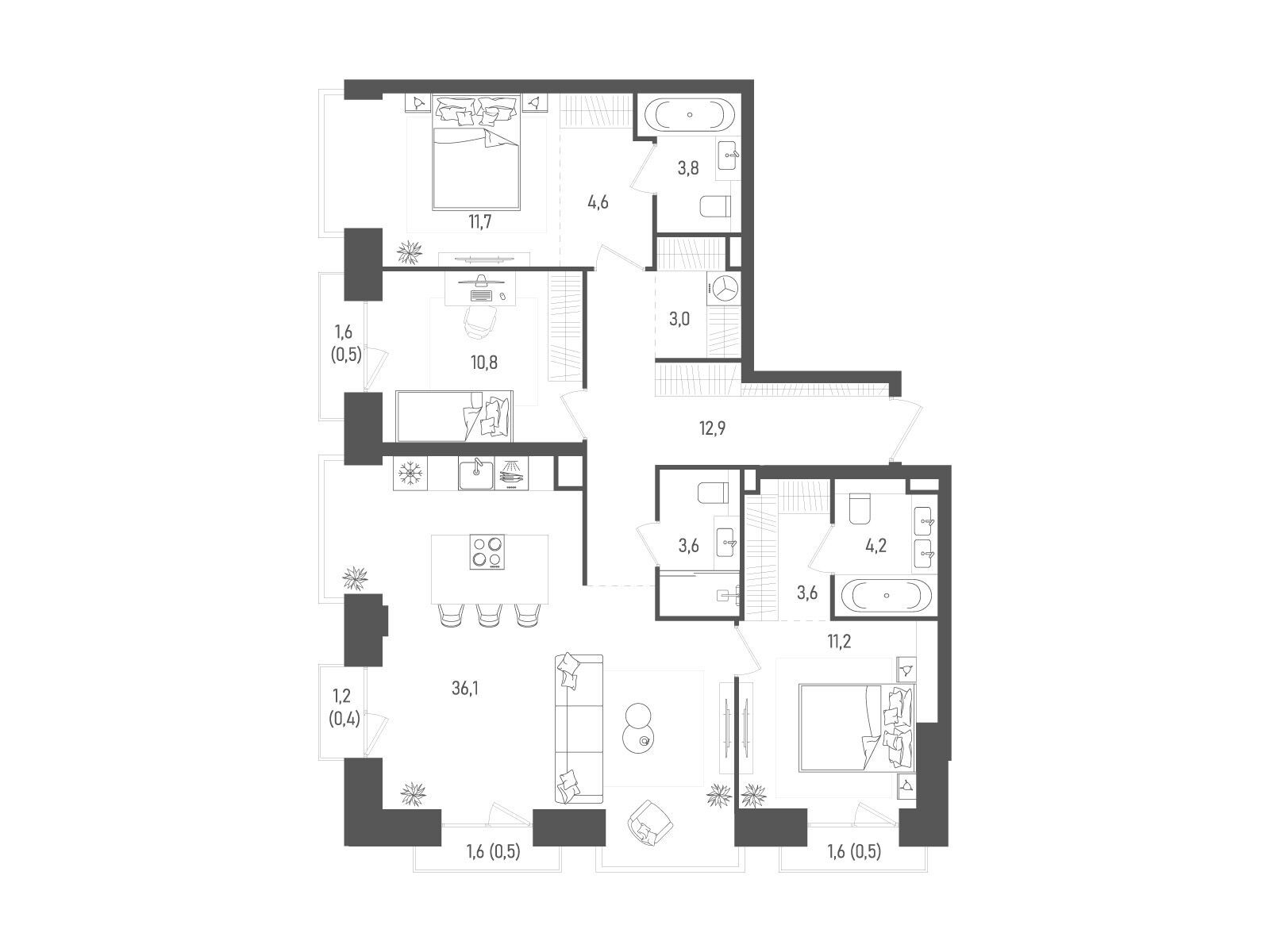 Планировка: 3-комн. квартира 107.40 м² в новостройке Татум