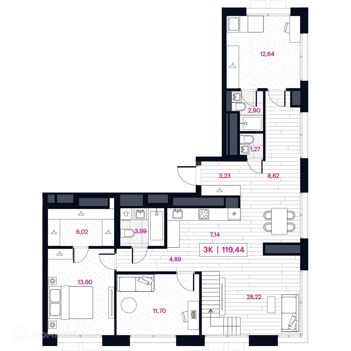 Планировка: 3-комн. квартира 119.44 м² в новостройке Пушкина