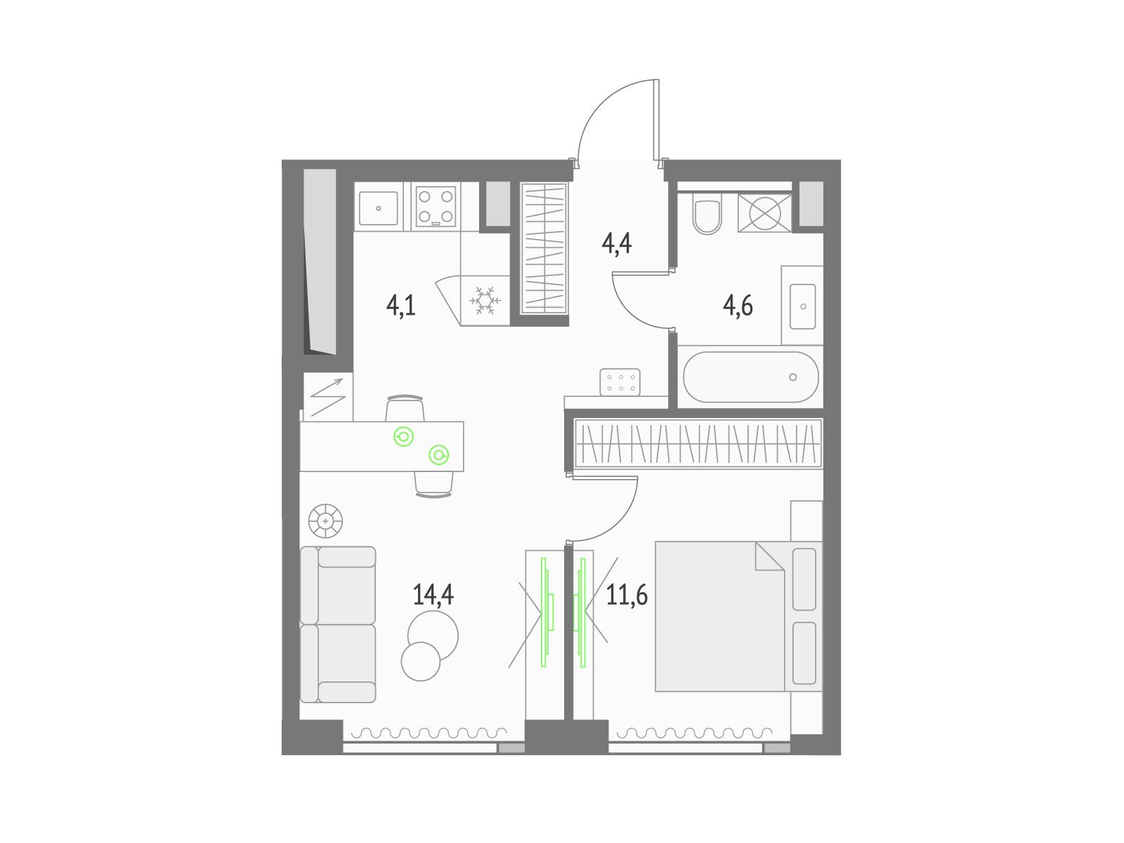 Планировка: 1-комн. квартира 39.60 м² в новостройке Апсайд Тауерс