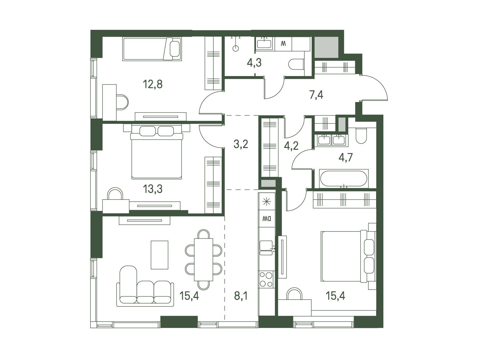Планировка: 3-комн. квартира 88.80 м² в новостройке Моментс