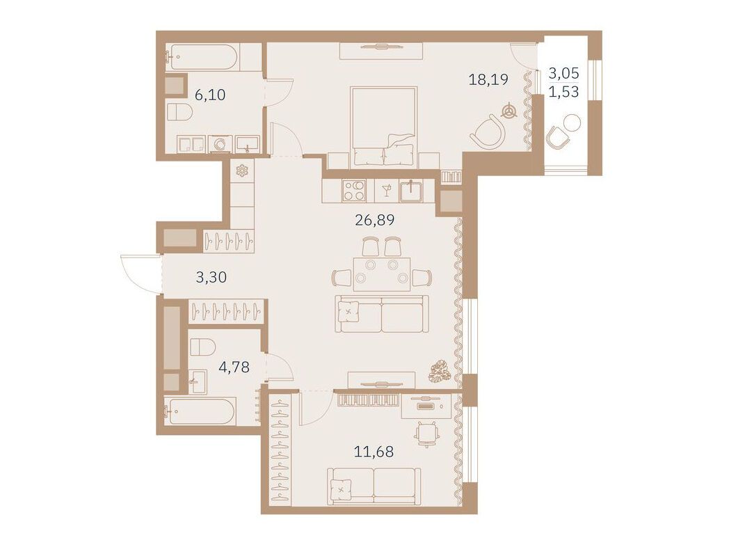 Планировка: 3-комн. квартира 73.40 м² в новостройке Таленто