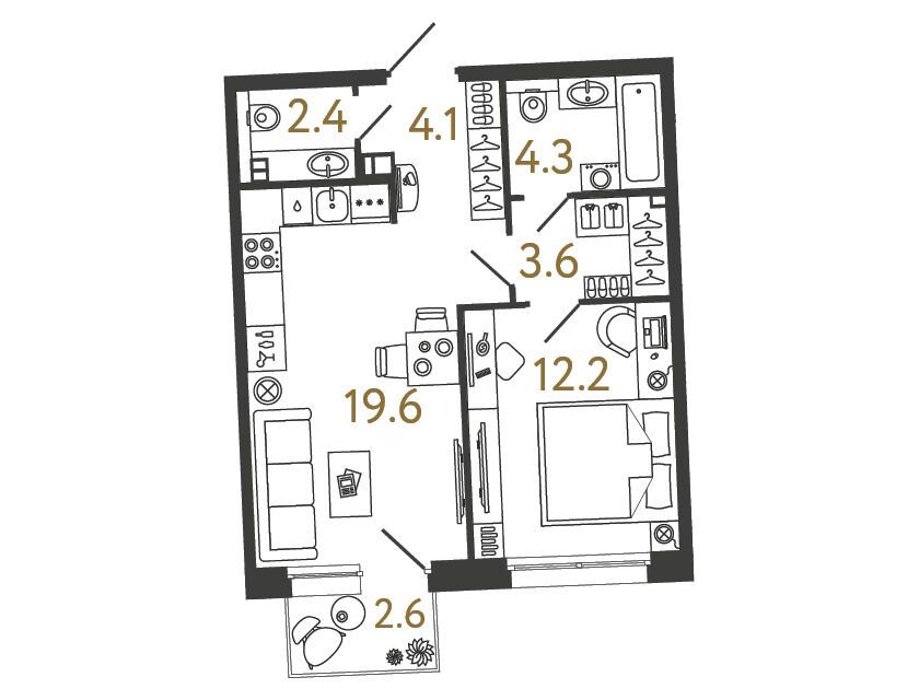 Планировка: 1-комн. квартира 46.20 м² в новостройке Цвет Зеленогорска