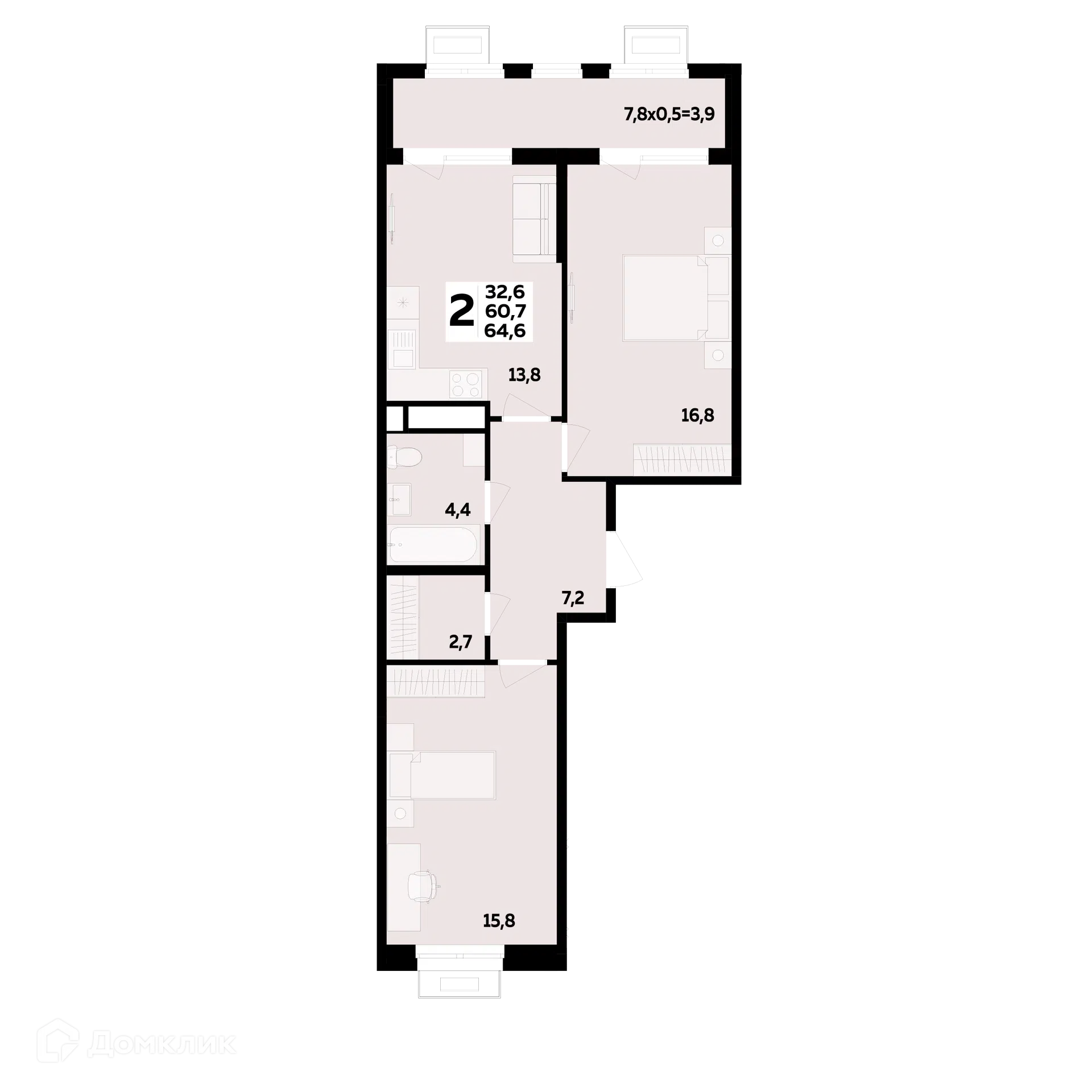 Планировка: 2-комн. квартира 64.60 м² в новостройке МегаСити