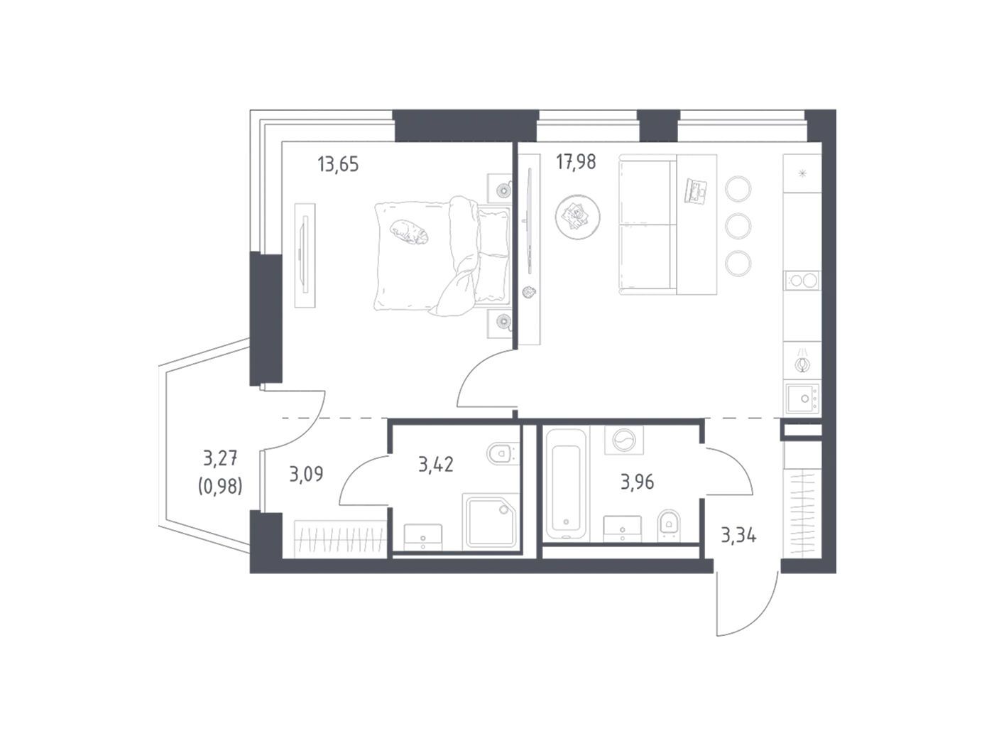 Планировка: 1-комн. квартира 46.42 м² в новостройке Литературный Квартал