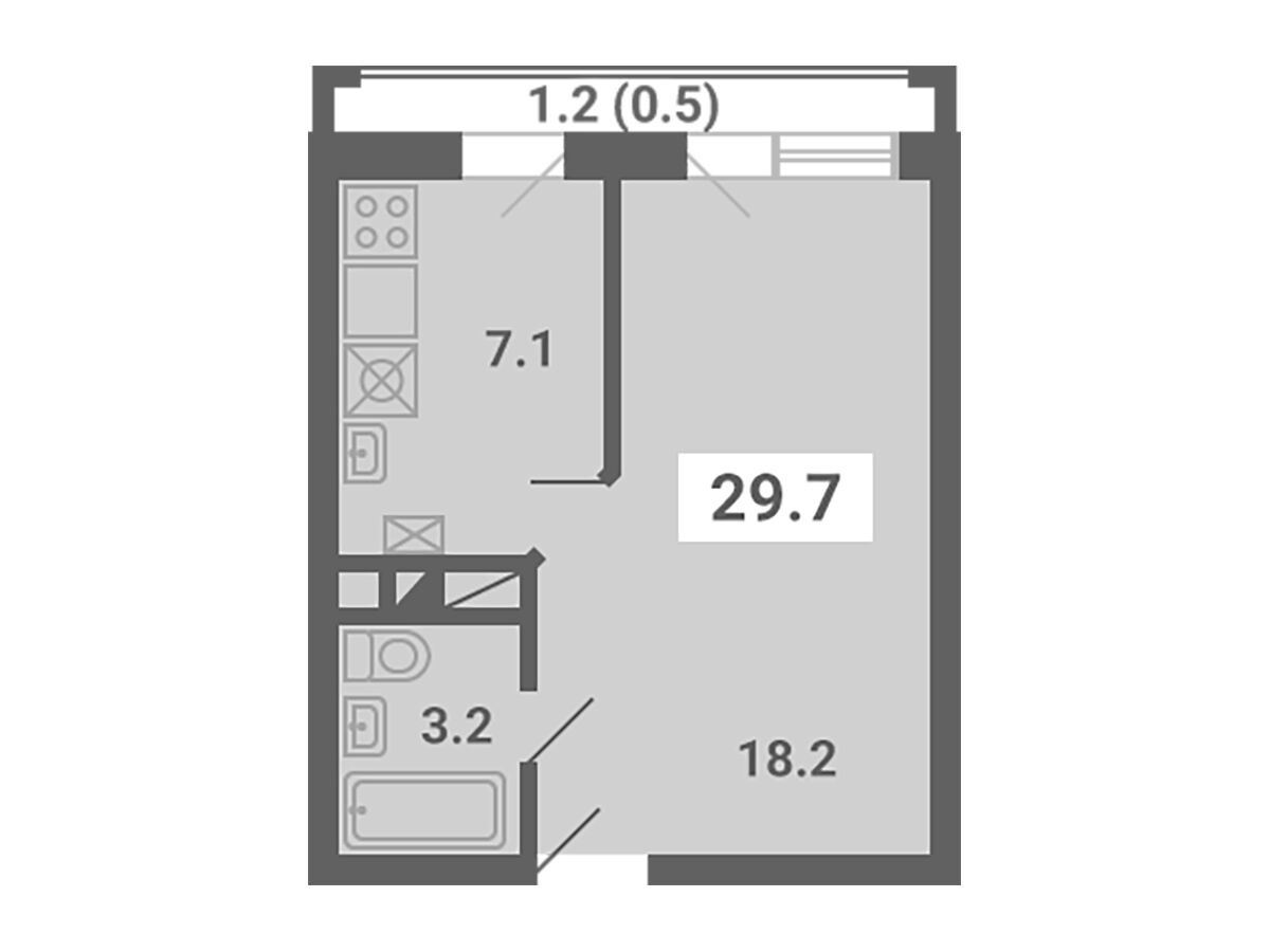 Планировка: 1-комн. квартира 29.70 м² в новостройке Южная долина