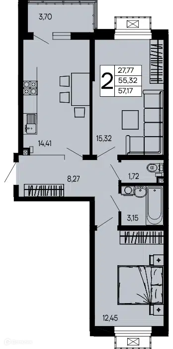 Планировка: 2-комн. квартира 57.17 м² в новостройке Эпос