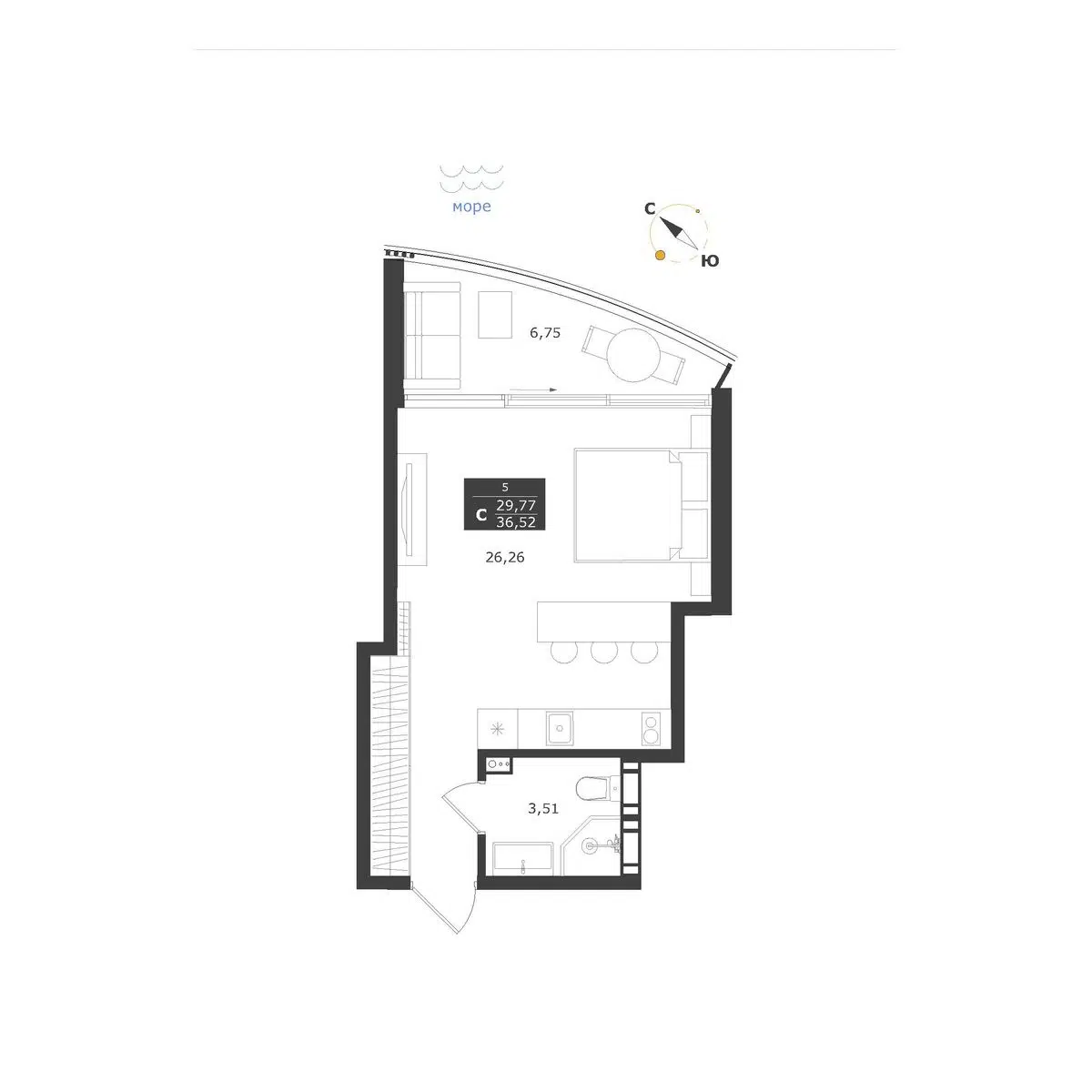 Планировка: Студия 36.52 м² в новостройке Паруса мечты
