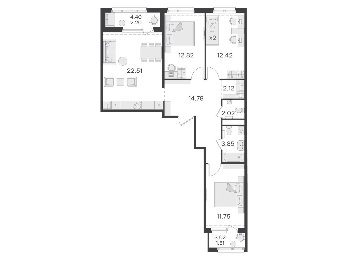 Планировка: 3-комн. квартира 85.40 м² в новостройке Глоракс Парголово