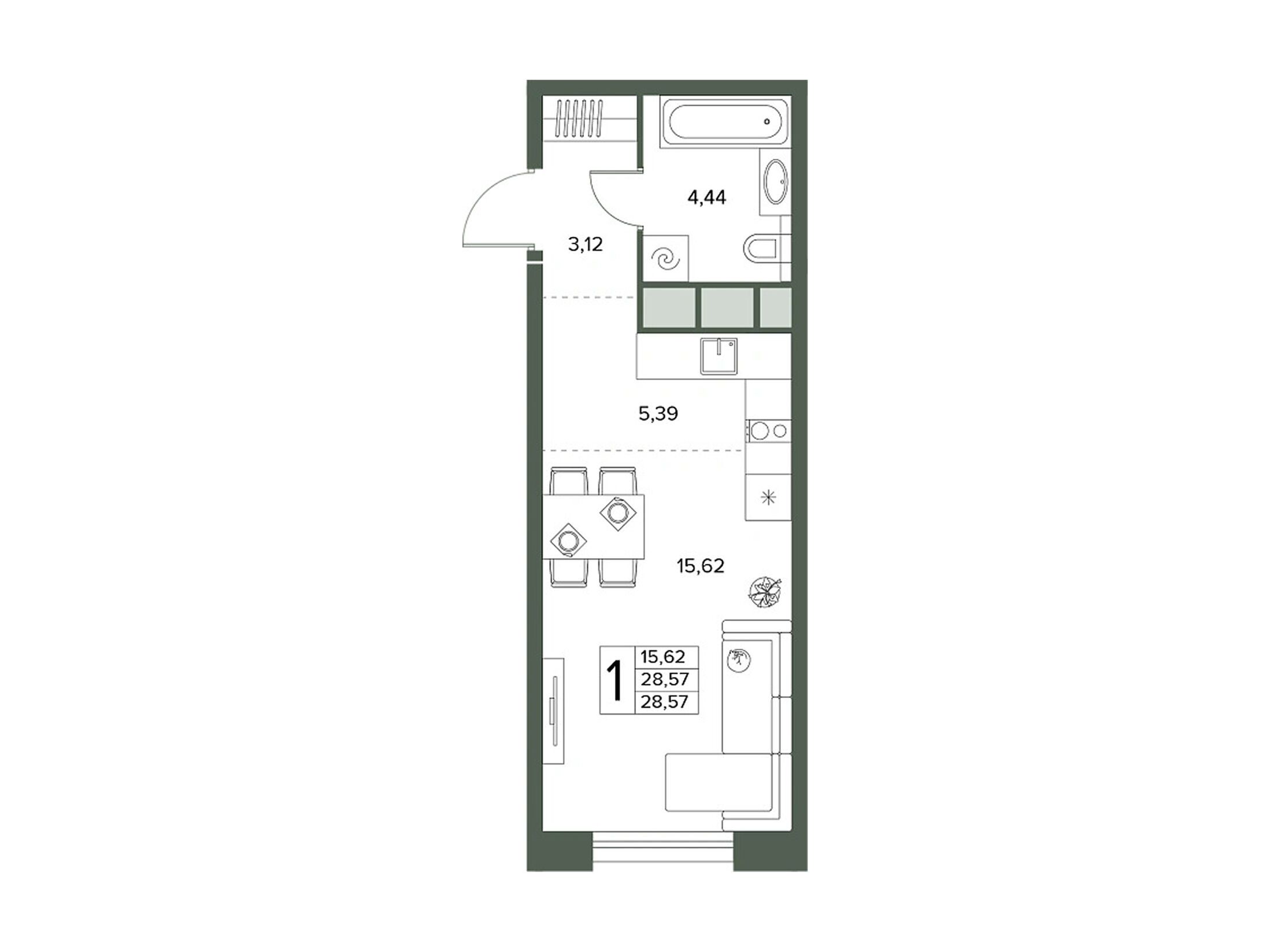Планировка: 1-комн. квартира 28.57 м² в новостройке Городской бор
