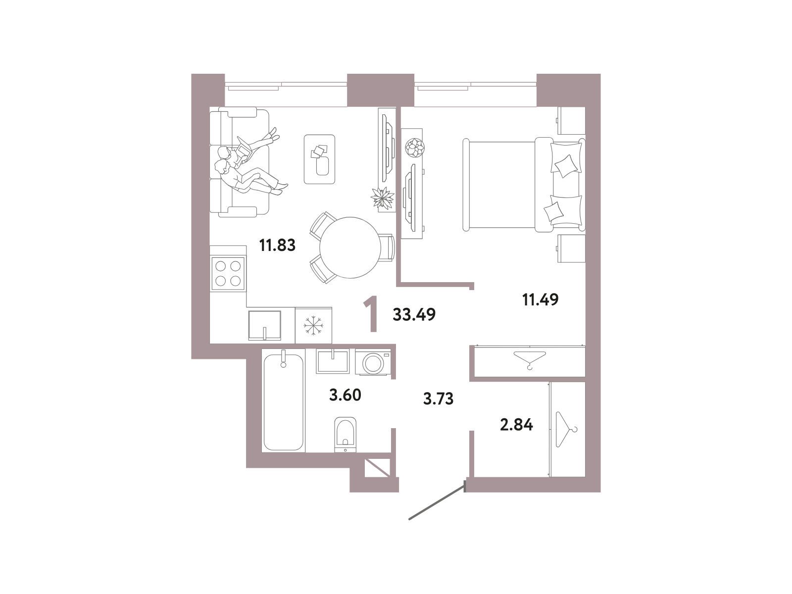 Планировка: 1-комн. квартира 33.49 м² в новостройке ЖК Репаблик