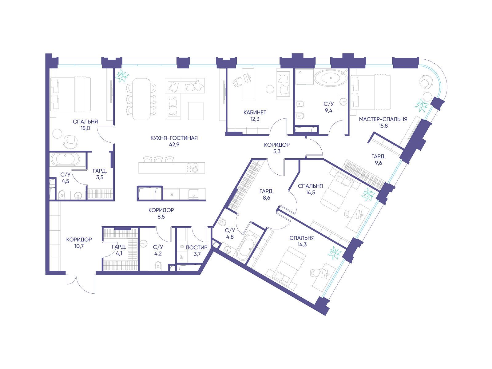 Планировка: 5-комн. квартира 191.70 м² в новостройке Дом XXII