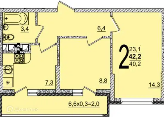 Планировка: 2-комн. квартира 42.20 м² в новостройке Грани