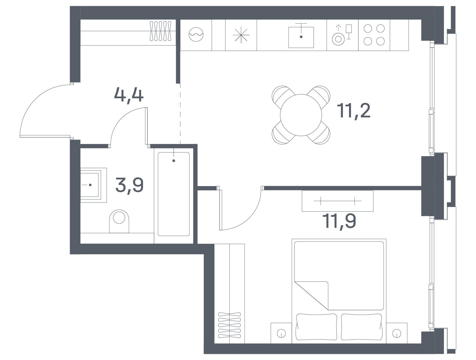 Планировка: 1-комн. квартира 34.50 м² в новостройке Портленд. Дом на берегу