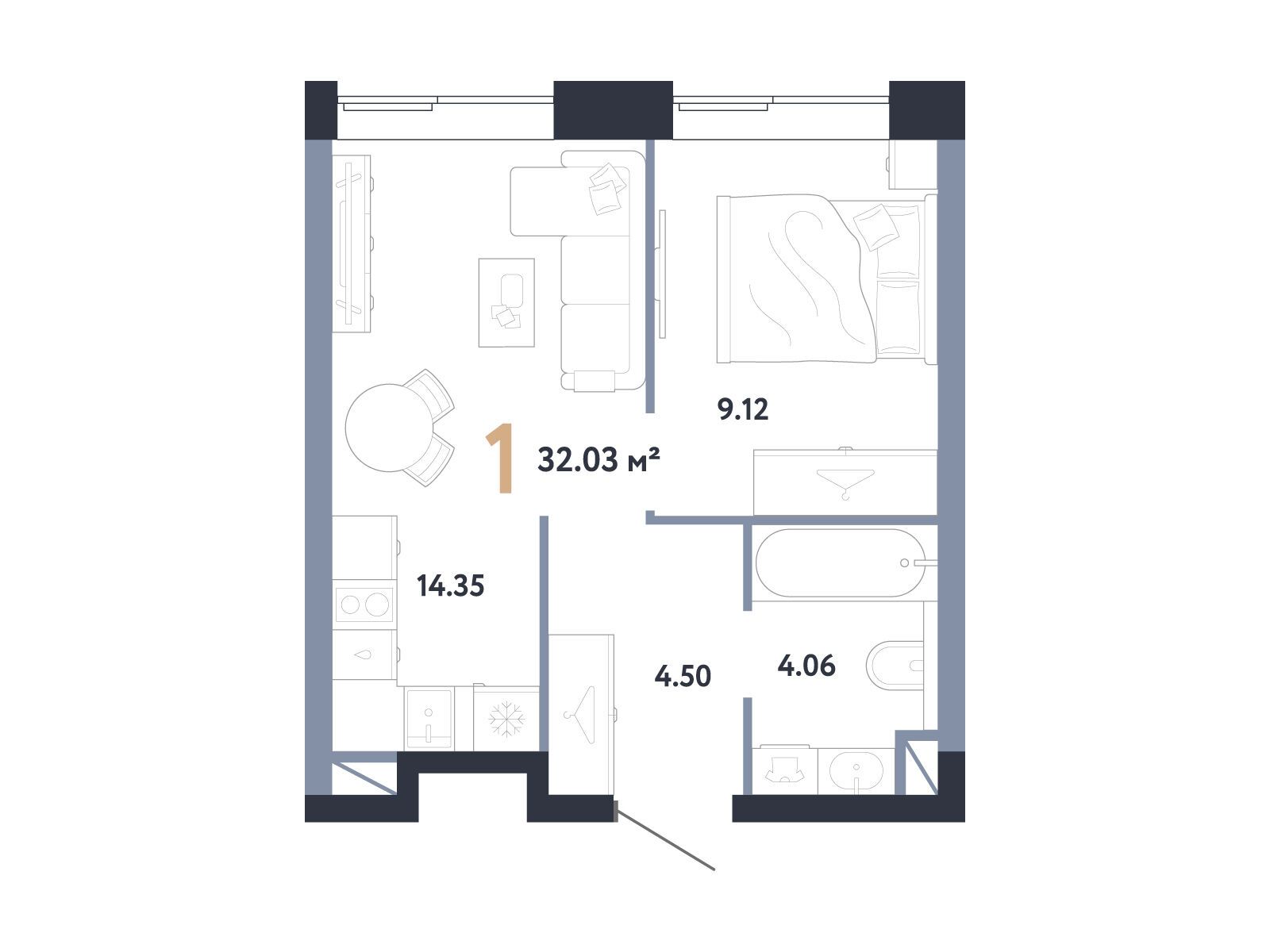 Планировка: 1-комн. квартира 32.03 м² в новостройке ЖК Репаблик