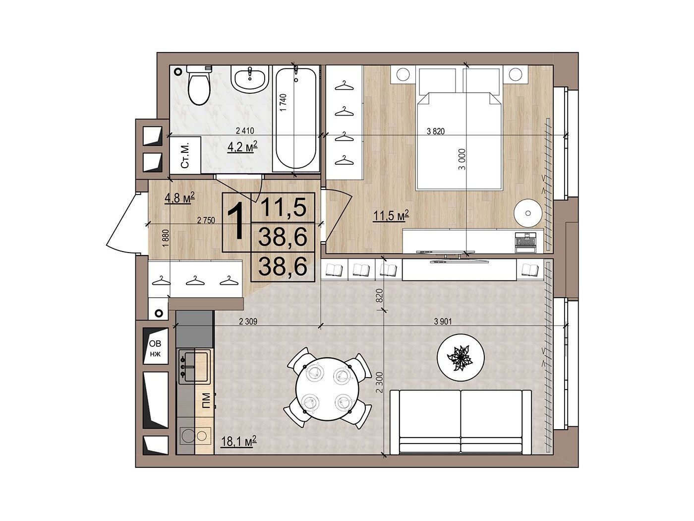 Планировка: 1-комн. квартира 38.60 м² в новостройке Гранд Комфорт