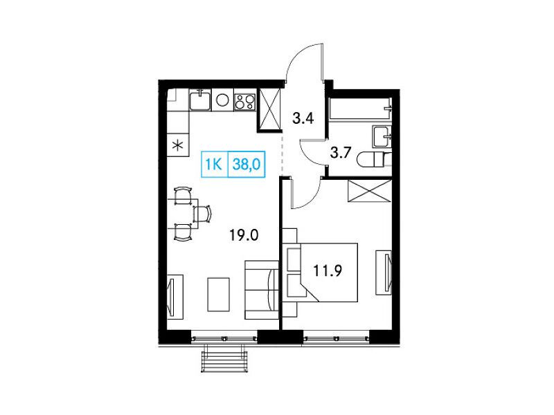 Планировка: 1-комн. квартира 38.20 м² в новостройке Новый Зеленоград