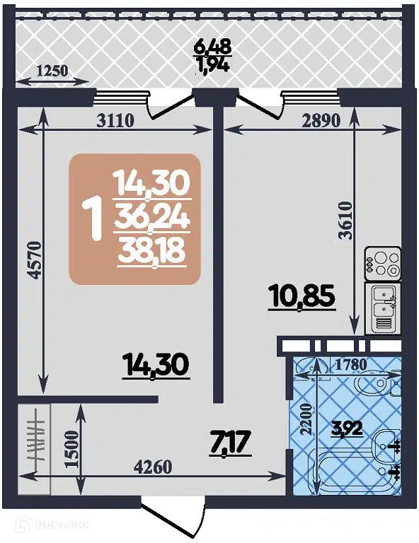 Планировка: 1-комн. квартира 38.18 м² в новостройке Ленинградский квартал